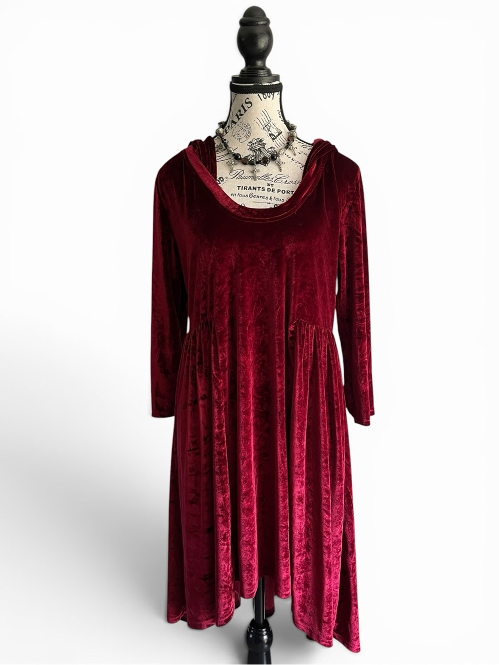 Vintage 90s Reborn Red High Low Crushed Velvet Hooded Dress Witchy Fairy Goth